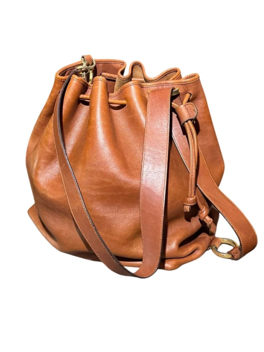 Salvatore Ferragamo Cognac Brown  Leather Drawstring Bucket Bag Auth
